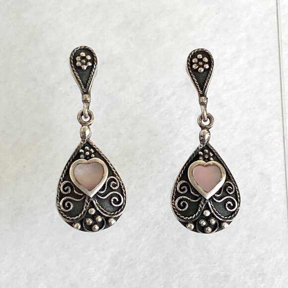 Sterling Silver 925 BOMA MOP Mother Of Pearl Oxidized Scrollwork Dangle Earrings - Picture 4 of 16